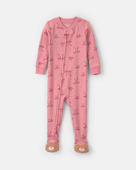 baby girl 1-piece bows 2-way zip 100% cotton snug fit footed pajama - pink