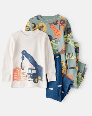 Product image 1 of Baby Boy Construction Print 100% Cotton Long-Sleeve 4-Piece Pajamas - Blue/White/Navy