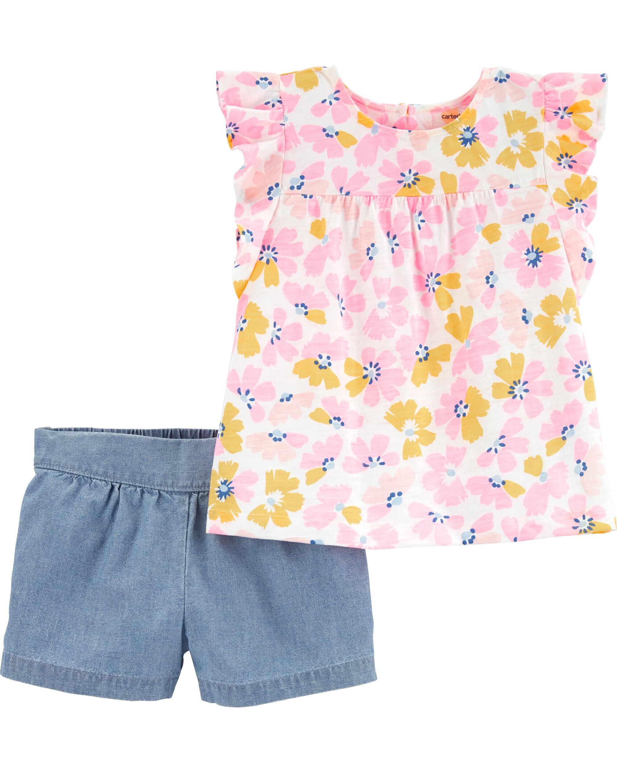 baby girl carter's floral tee & chambray shortalls set