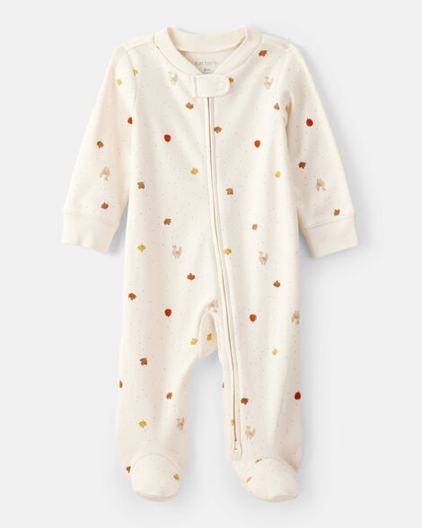 baby thanksgiving print 100% cotton long-sleeve 2-way zip sleep & play pajamas - white