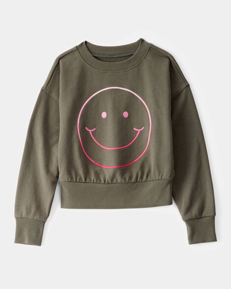 Kid Oversized  Smiley Face Graphic Sweatshirt - Olive