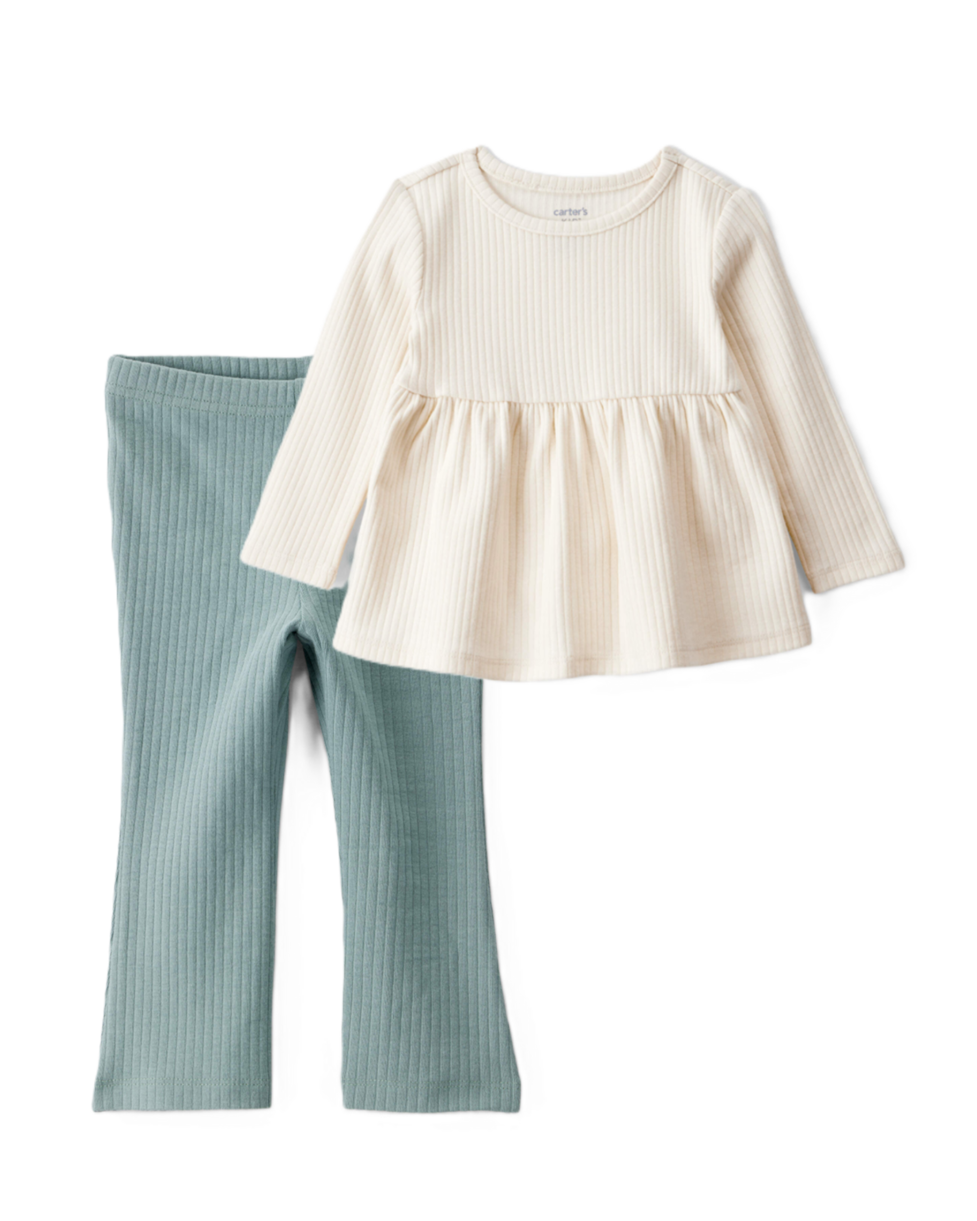 Toddler Girl 2-Piece White Peplum Top & Green Flare Leggings Set - Cream/Green