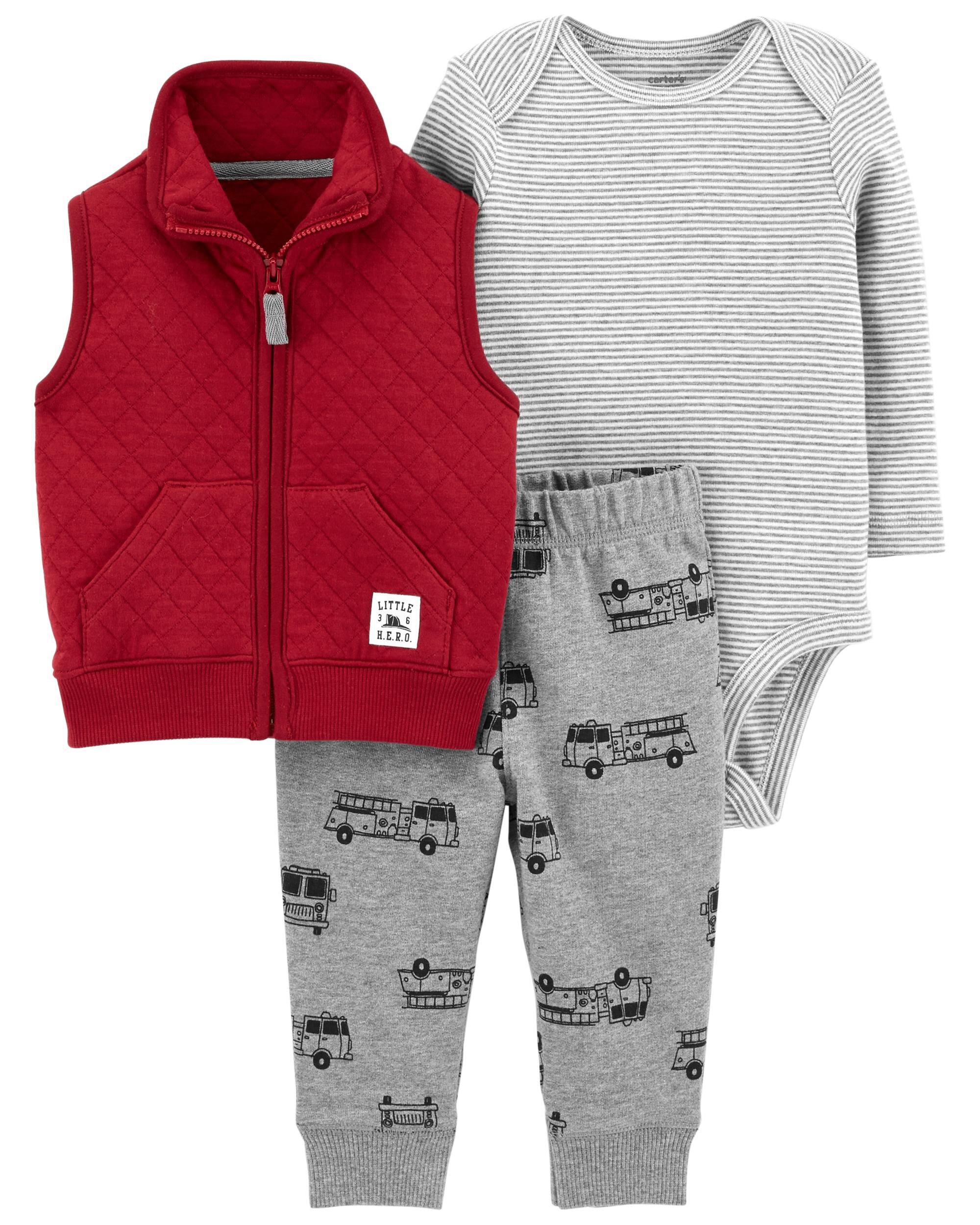 New Carter/'s Boys 3 Piece Red Fire Truck Bodysuit Top Pant Set NWT NB 6m 12m 24m