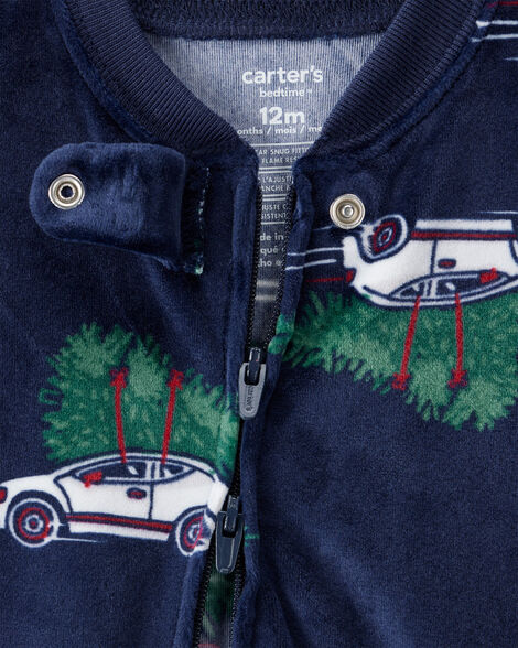 Product image 2 of Baby Boy Car Print Velour Long-Sleeve Loose Fit 1-Piece Pajamas - Navy