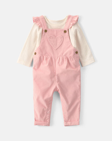 baby girl 2-piece heart corduroy overall set - pink