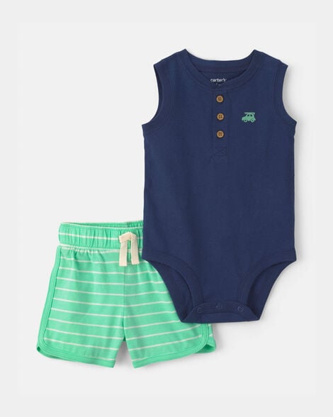 baby boy 2-piece car striped sleeveless top & short set - blue/green