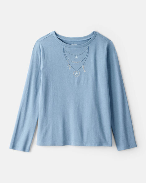 girls charm necklace long-sleeve graphic tee - blue
