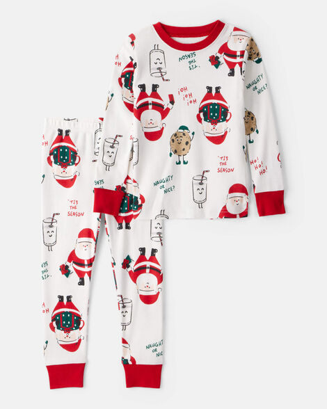 toddler beige santa milk & cookies 100% cotton long-sleeve snug fit 2-piece pajamas - white