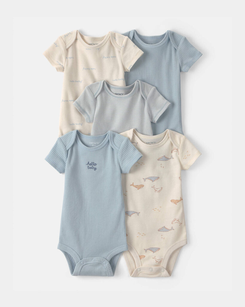 Carter's Baby Boys' Whale Print Short-Sleeve Bodysuits, 5-Pack - Cream/Blue