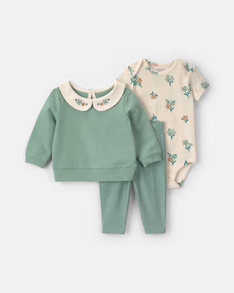 baby girl 3-piece floral french terry layering set - green