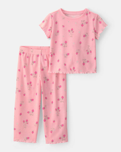 toddler girl strawberry rib loose fit 2-piece pajama set - pink