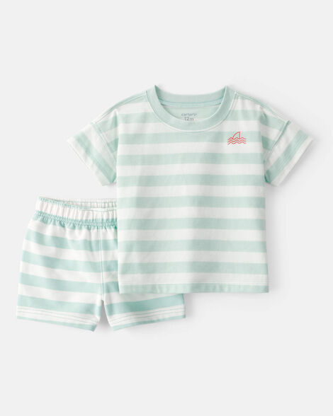 baby boy 2-piece shark striped top & short set - blue/ivory