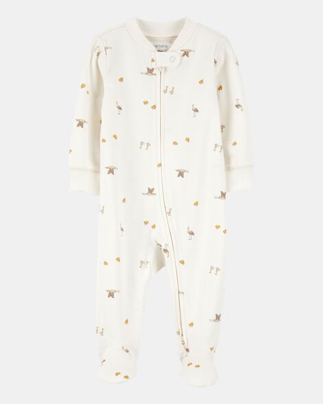 baby mini bird print 2-way zip cotton sleep & play pajamas