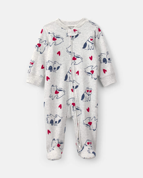 baby 2-way zip 'puppy love' valentine's day cotton sleep & play pajamas - grey