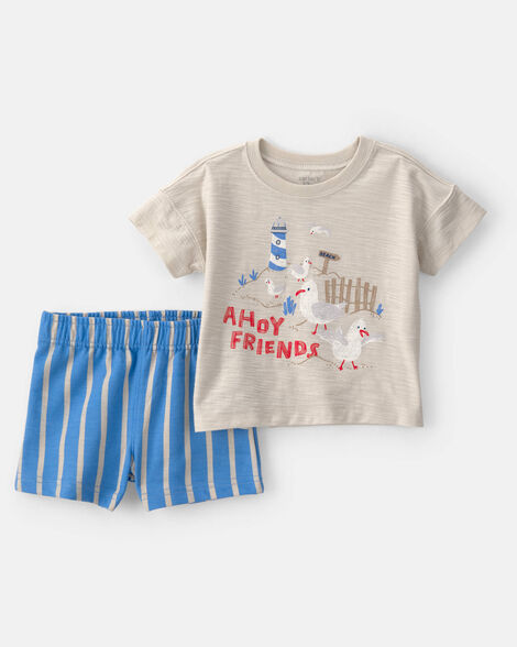 baby boy 2-piece seagull top & short set - brown/blue