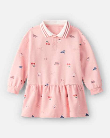toddler girl art print collared long-sleeve dress - pink