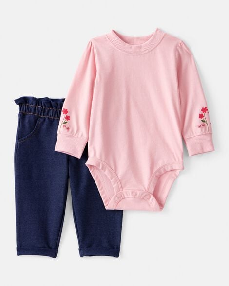 baby girl 2-piece floral bodysuit & pant set - pink