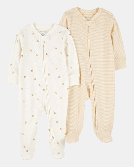 baby 2-pack 2-way zip cotton sleep & play pajamas - white/beige