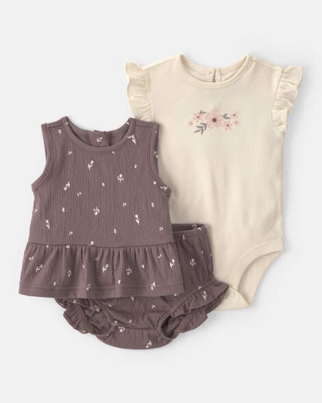baby girl 3-piece floral top, bodysuit & short set - brown/ivory