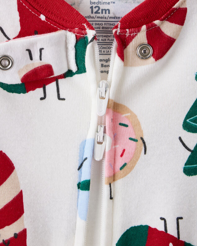 Product image 2 of Baby Festive Friends Santa Christmas 100% Cotton Long-Sleeve Snug Fit 2-Way Zip 1-Piece Pajamas - White