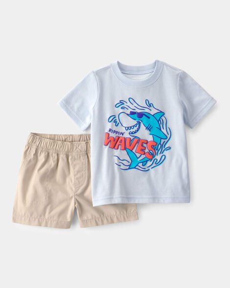 baby boy 2-piece shark top & short set - blue/khaki