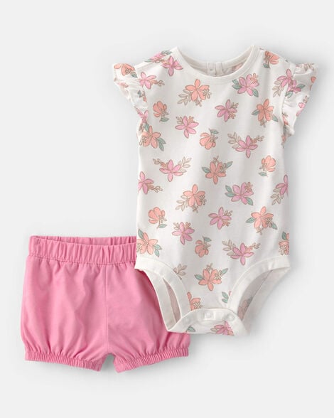 Image of Baby Girl 2-Piece Floral Short-Sleeve Bodysuit & Short Set - Pink/White