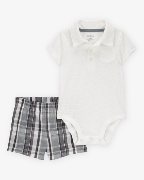 baby boy 2-piece polo bodysuit & plaid short set - ivory/grey