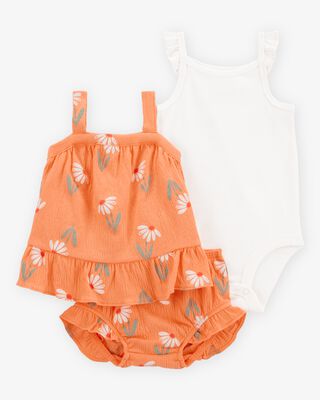 Product image 1 of Baby 3-Piece Floral  Outfit Set - Orange/White