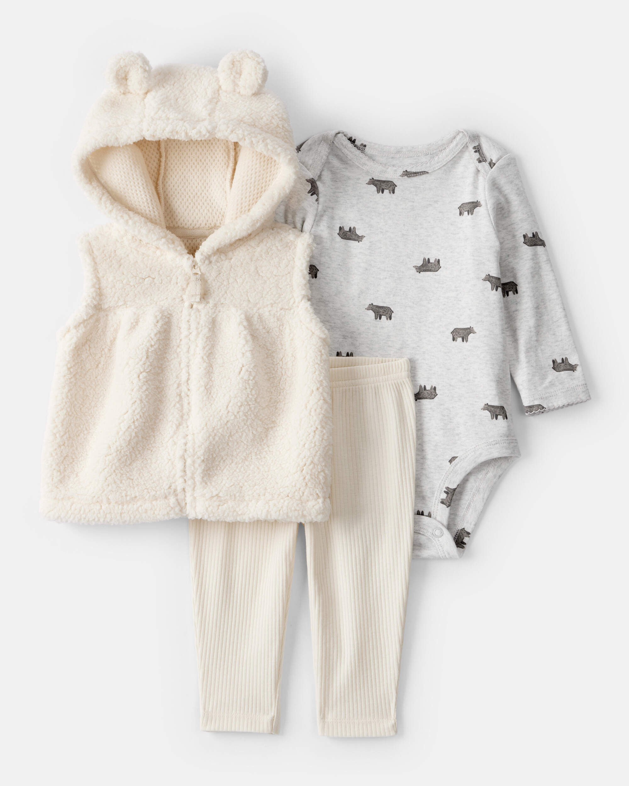 Baby Girl 3-Piece Bear Print Sleeveless Jacket, Bodysuit & Pant Set - White