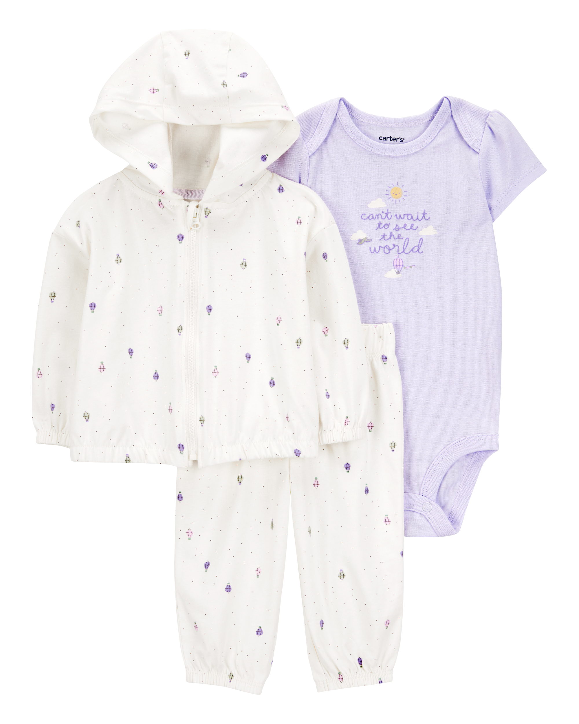 Baby Girl 3-Piece Hot Air Balloon Print Little Cardigan Set - White/Purple