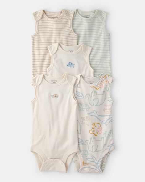baby 5-pack sleeveless multipack animal bodysuits - cream