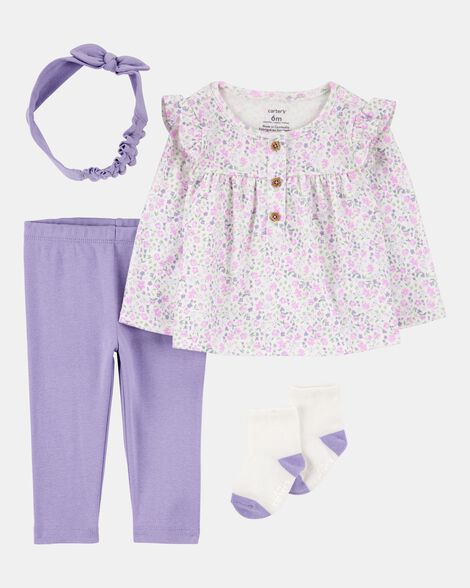 baby girl 4-piece floral outfit set - purple