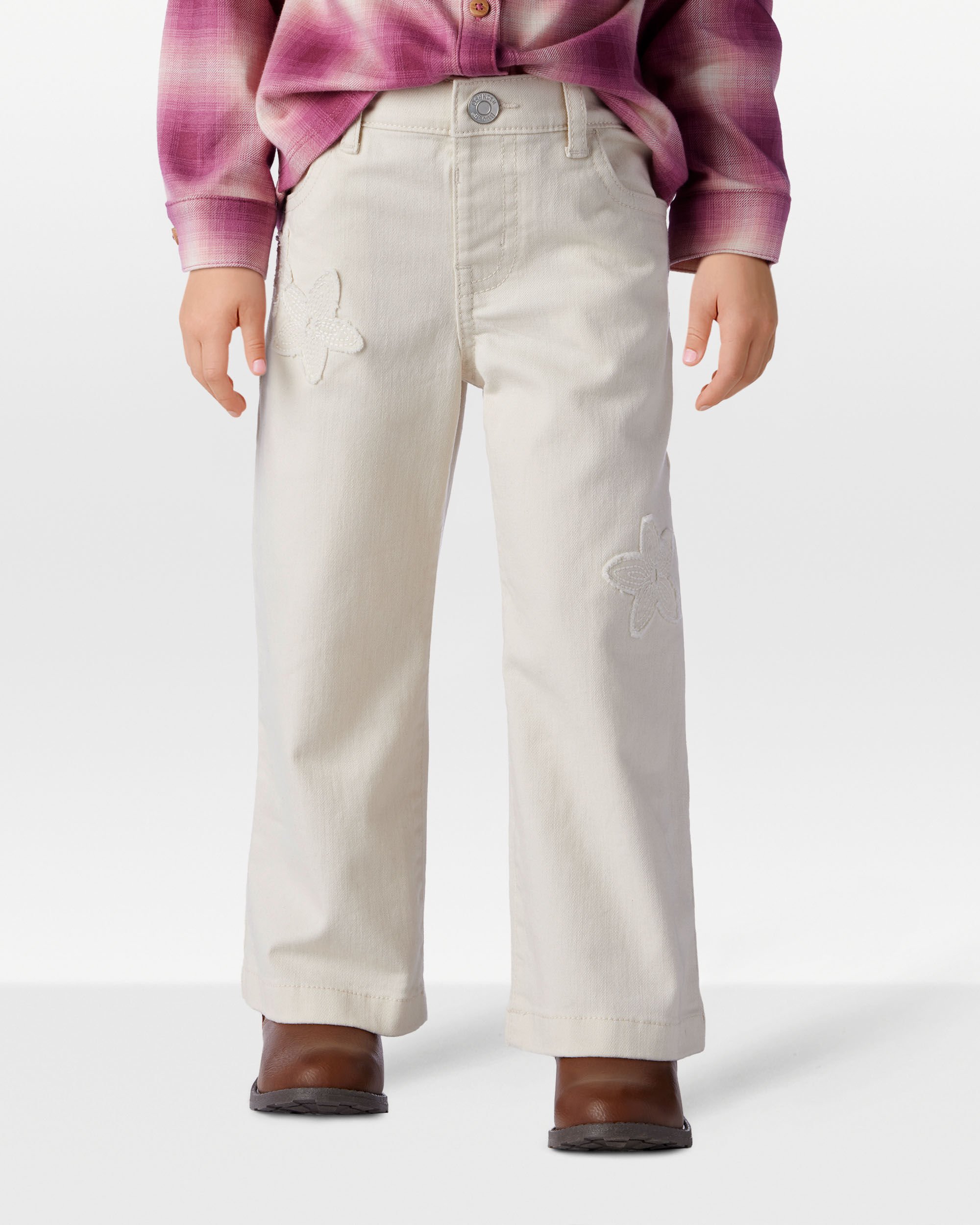 Toddler Embroidered Stretch Denim Wide Leg Jeans - Cream