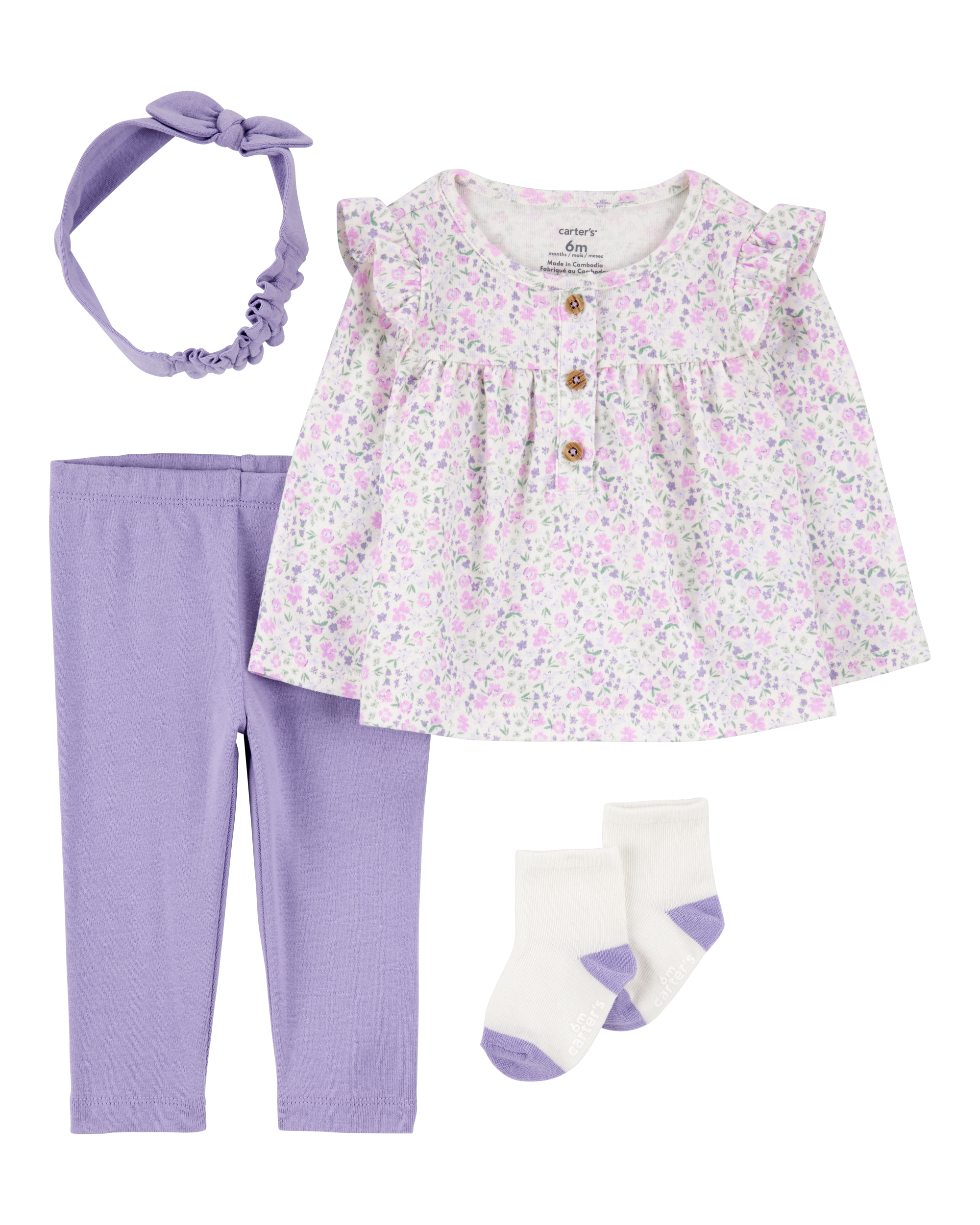 Baby Girl 4-Piece Floral Outfit Set - Purple