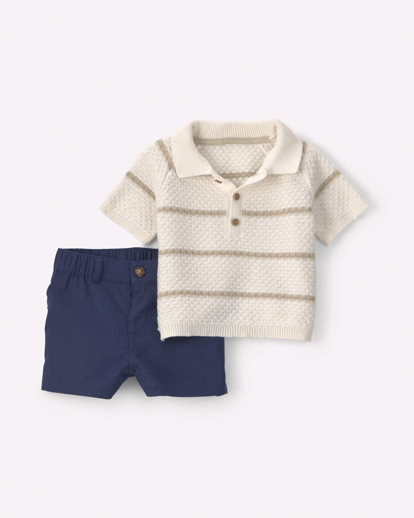 Carter's baby boy 2-piece sweater knit top & short set 12M Cream/Navy Blue