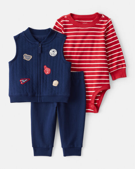 baby boy 3-piece game day little vest set - navy/red