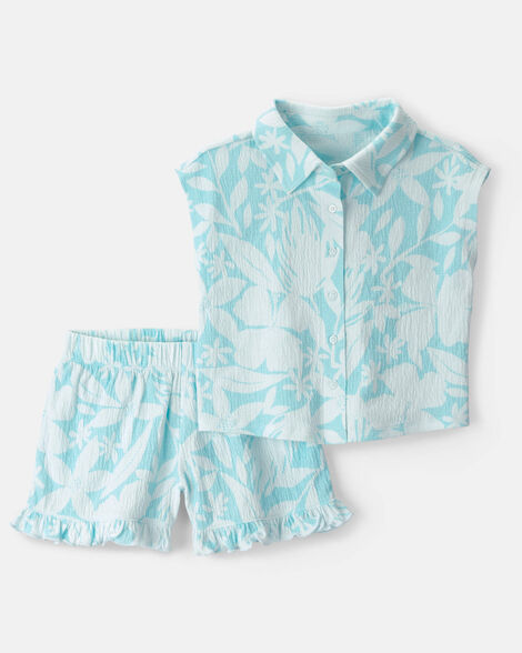 girls floral gauze short-sleeve top & short set - blue