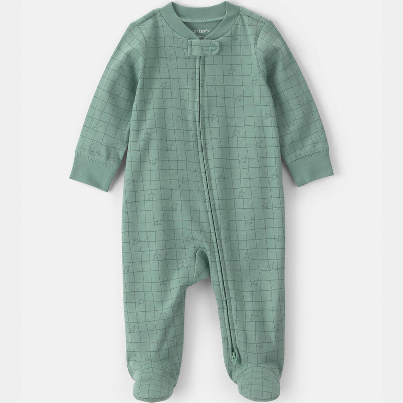 Baby Boy Dinosaur 100% Cotton 2-Way Zip Sleep & Play Pajamas - Green