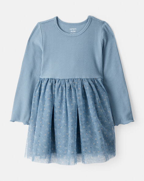 toddler girl floral print long-sleeve dress - blue