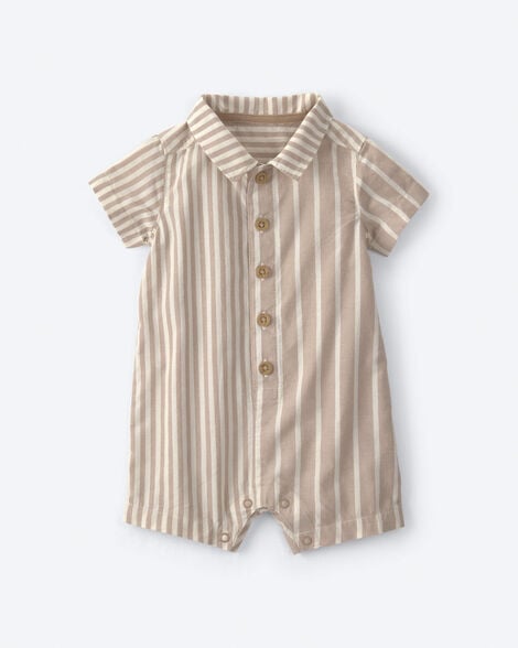 baby boy striped poplin short-sleeve romper - khaki