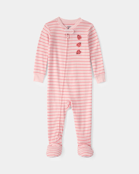 toddler girl ladybug striped 100% cotton snug fit 1-piece pajama - pink