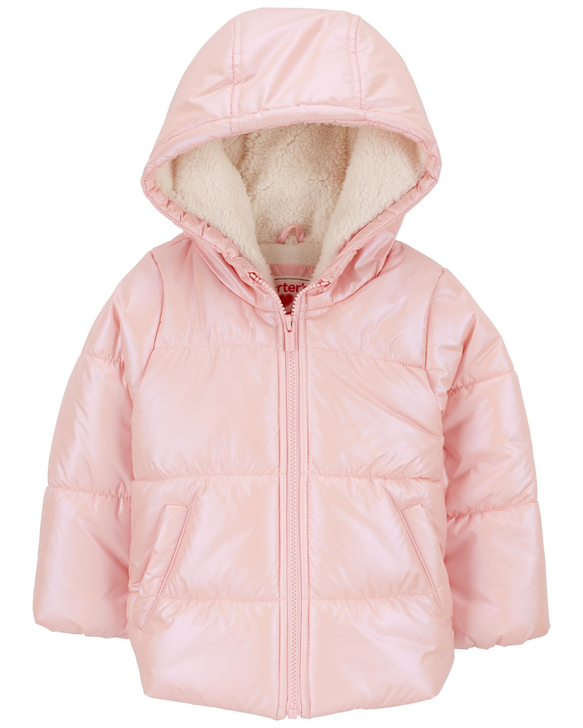 Shiny puffer jacket fur hood shop