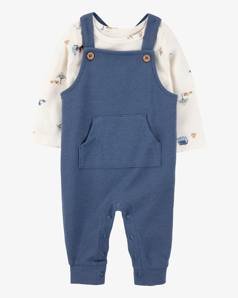 baby 2-piece long-sleeve tee & waffle knit coverall set - blue/white