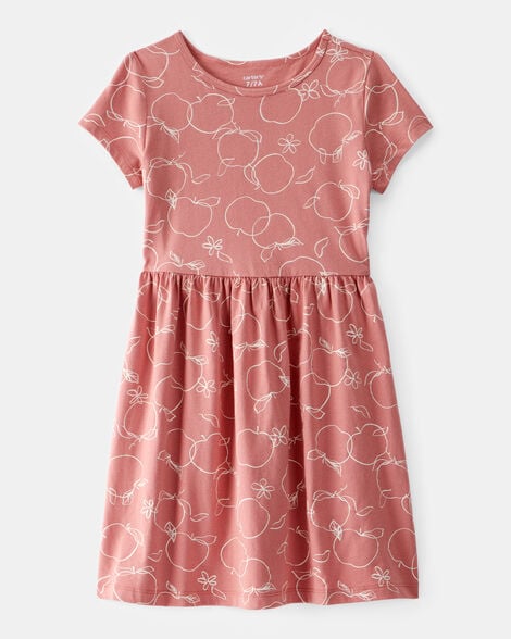 girls apple print short-sleeve dress - pink