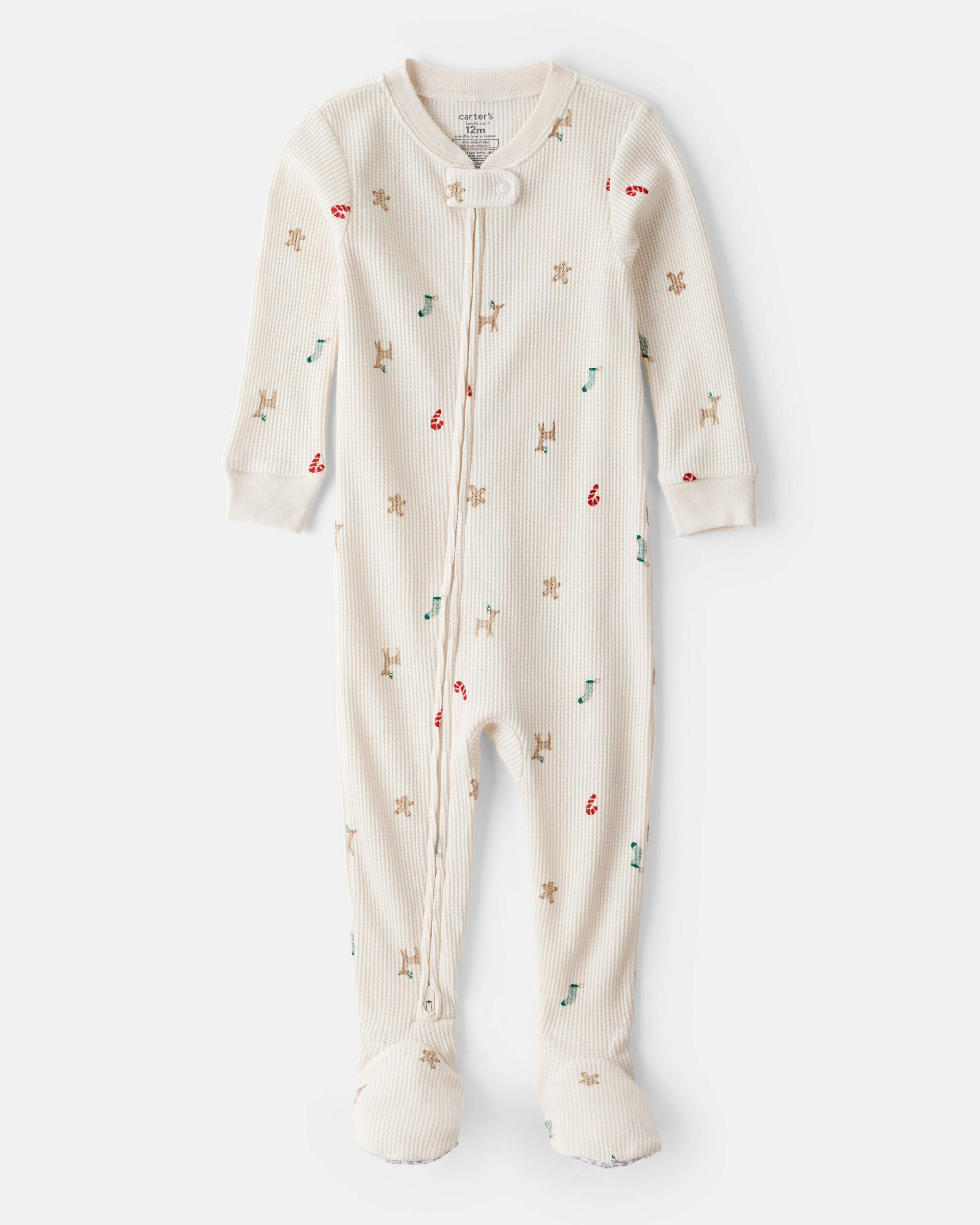 Toddler Mini Christmas Cotton Long-Sleeve Snug Fit 1-Piece Pajamas - White