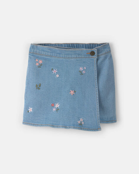 Girls Floral Embroidered Denim Wrap Skort - Medium Wash