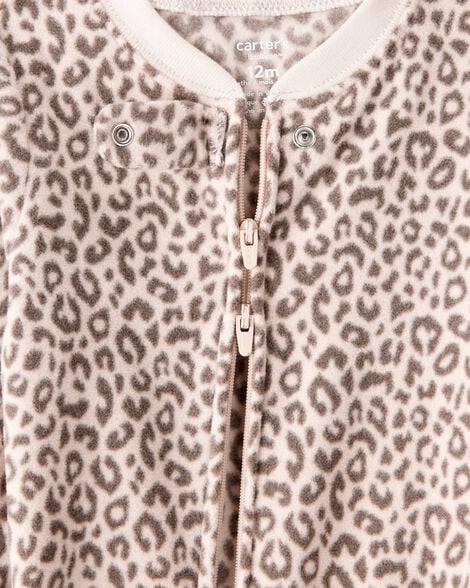 Baby Girl Leopard Fleece Long-Sleeve Loose Fit 1-Piece Pajamas - Brown