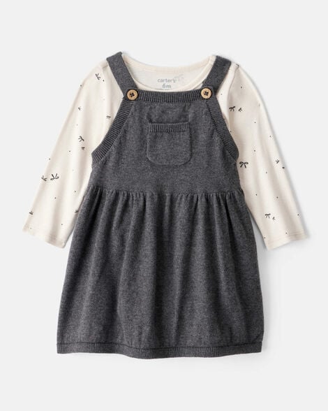baby girl bow print cotton long-sleeve dress set - grey