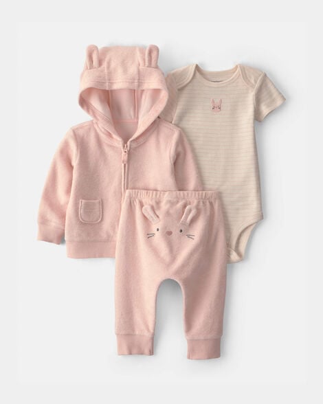 baby girl 3-piece bunny terry layering set - pink