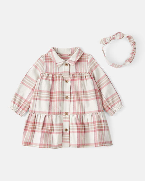 baby girl 2-piece plaid cotton long-sleeve dress set - pink/white